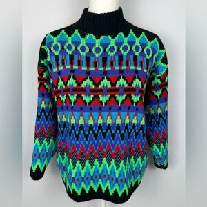 Vintage Croquet Club Turtleneck Sweater Mock Neck Colorful 1980s Large